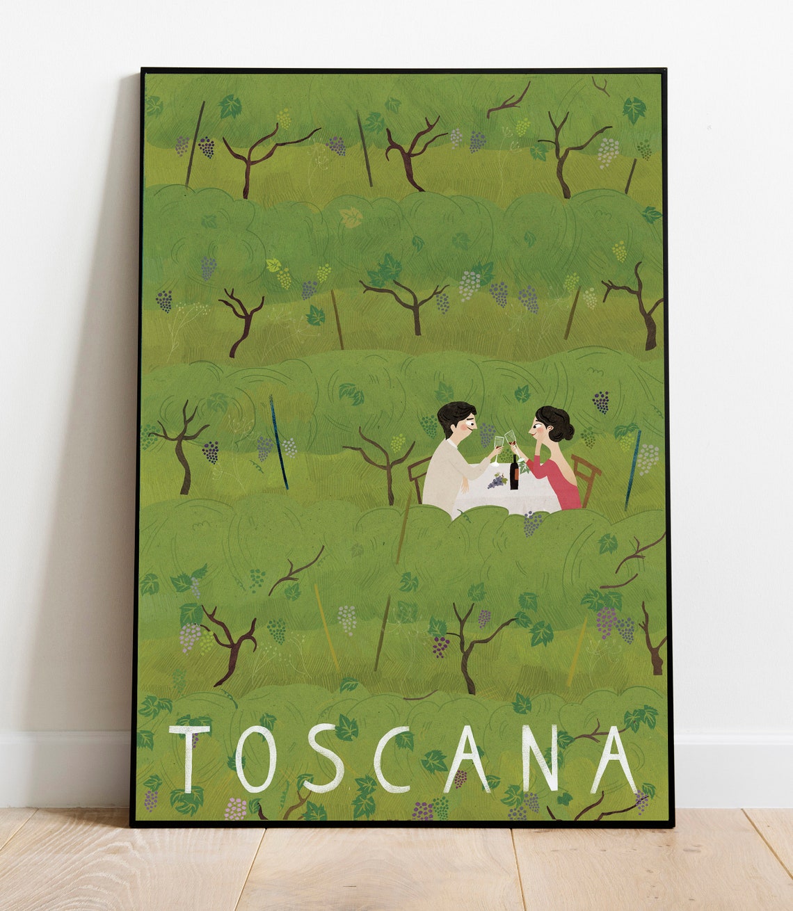 Toscana Italy Vineyard Rows Romantic Wine Dinner Travel Poster