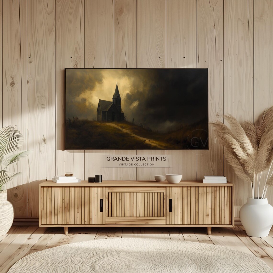 Haunted Church Stormy Night Dark Path Spooky Vintage Halloween Art Poster - Image 2