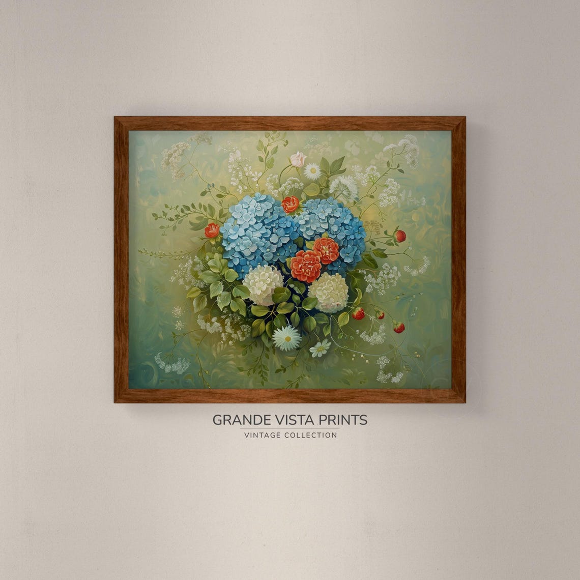 Blue Hydrangea Red Blossom Vine Vintage Floral Wall Art Poster - Image 4