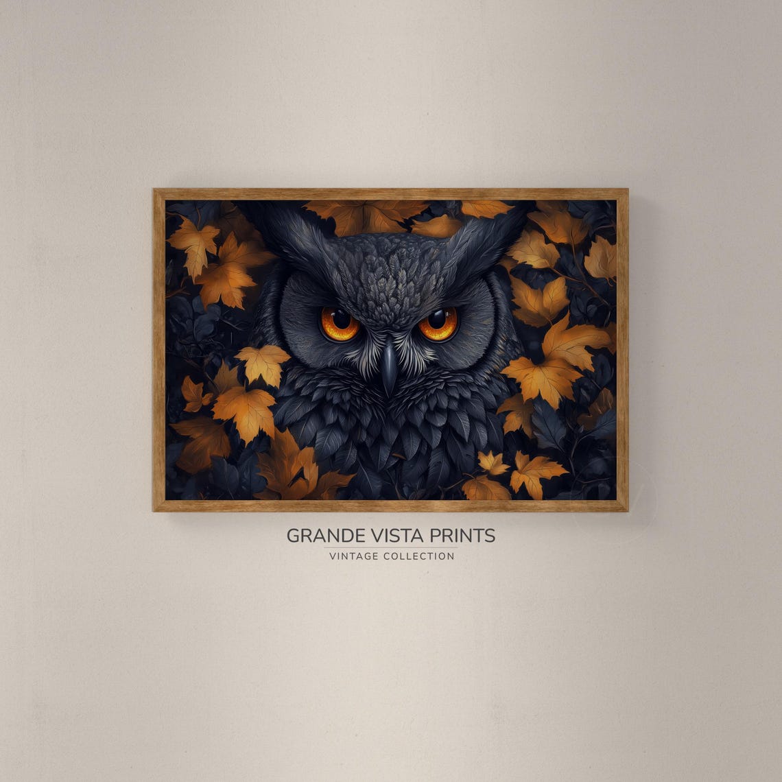 Black Owl With Amber Eyes Among Golden Autumn Maple Leaves Art Poster - Image 2