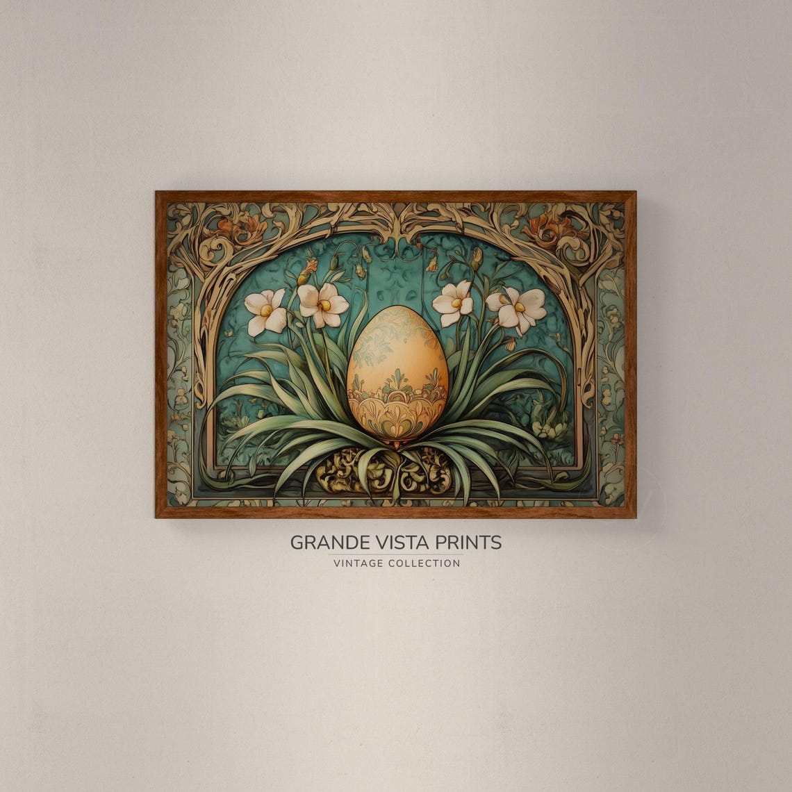 Ornate Easter Egg in Flower Arch Art Nouveau Gold Spring Wall Art - Image 2