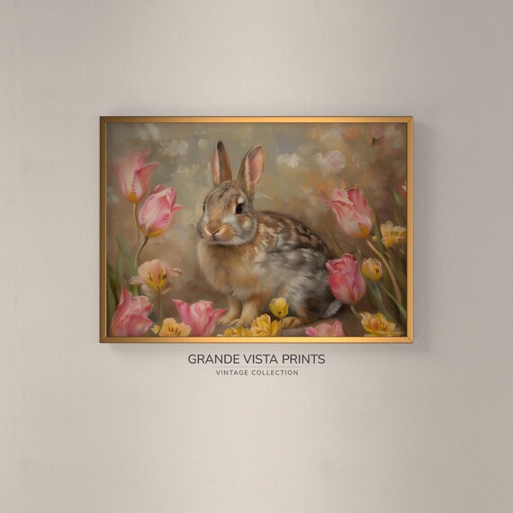 Brown Rabbit Among Pink Tulips and Daffodils Vintage Easter Wall Art
