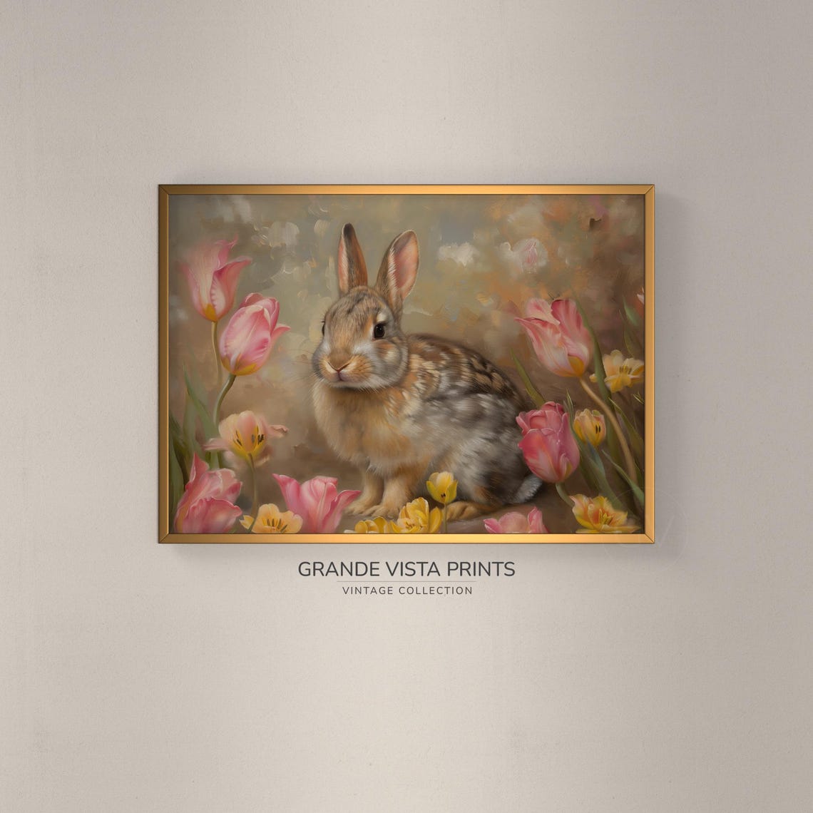 Brown Rabbit Among Pink Tulips and Daffodils Vintage Easter Wall Art