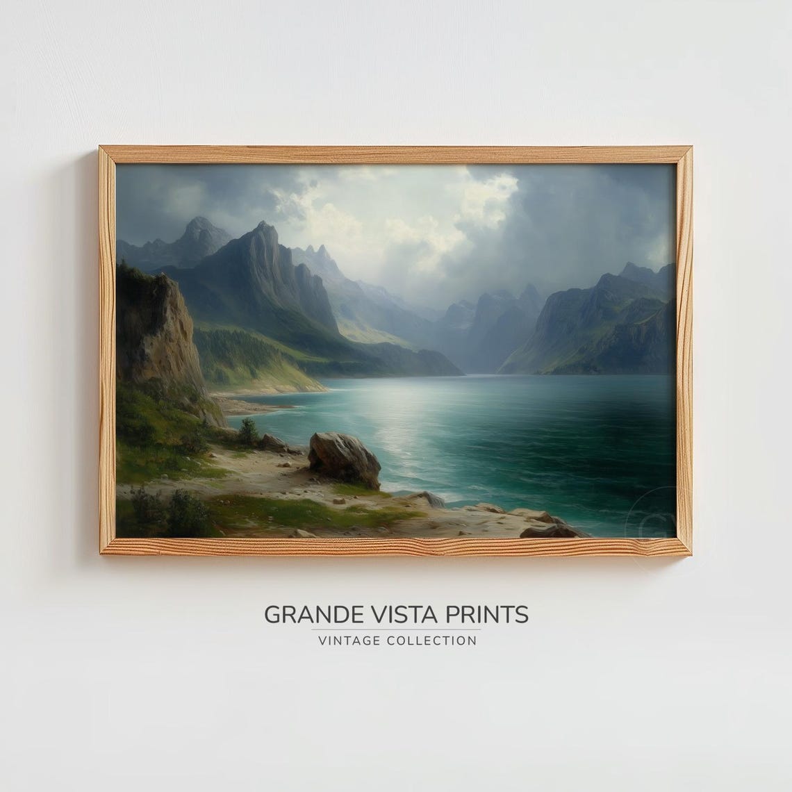 Dramatic Cloudy Sky Over Mountain Lake Rocky Shore Alpine Vista Poster - Image 2
