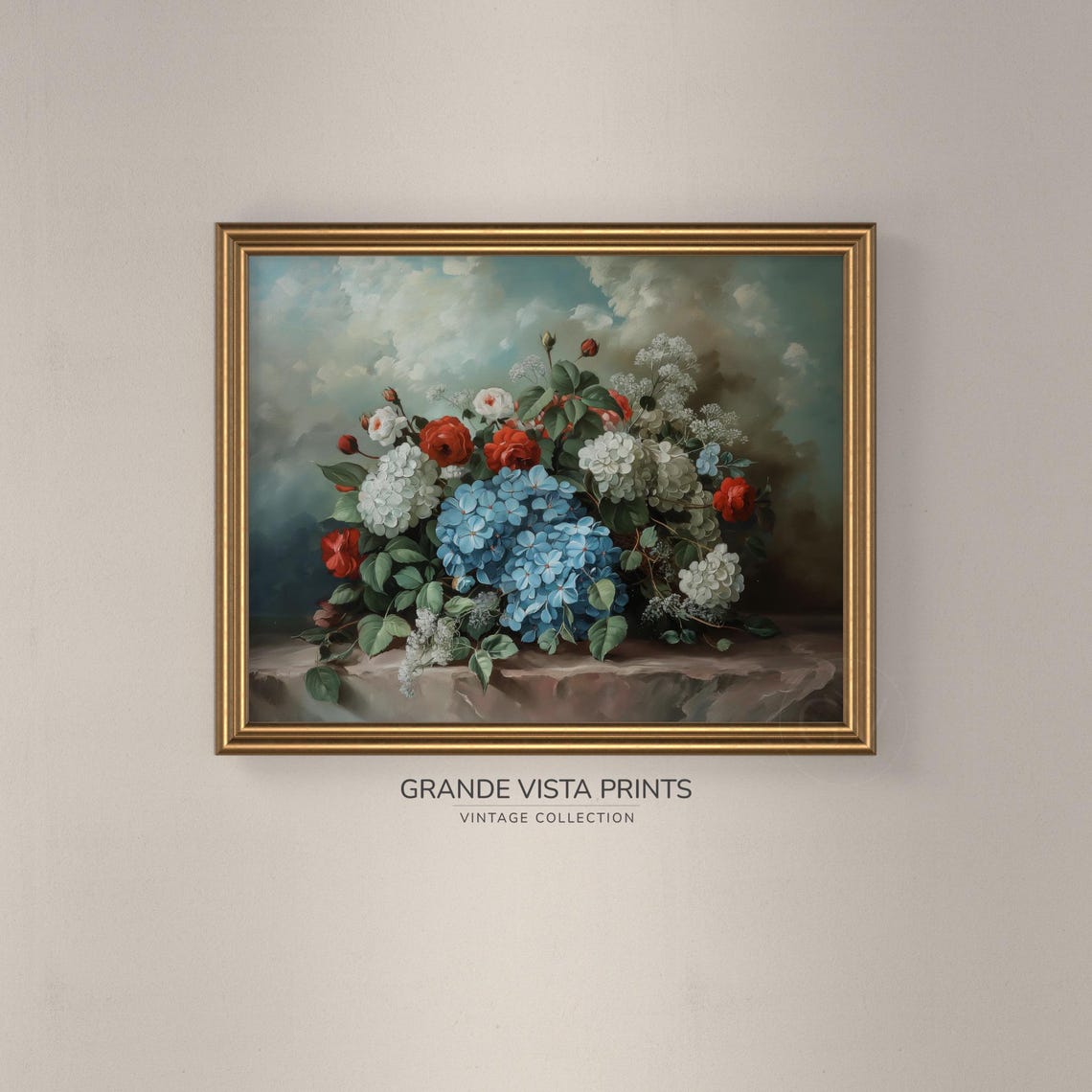 Red Roses Blue White Hydrangeas Stone Ledge Cloudy Sky Floral Poster - Image 3