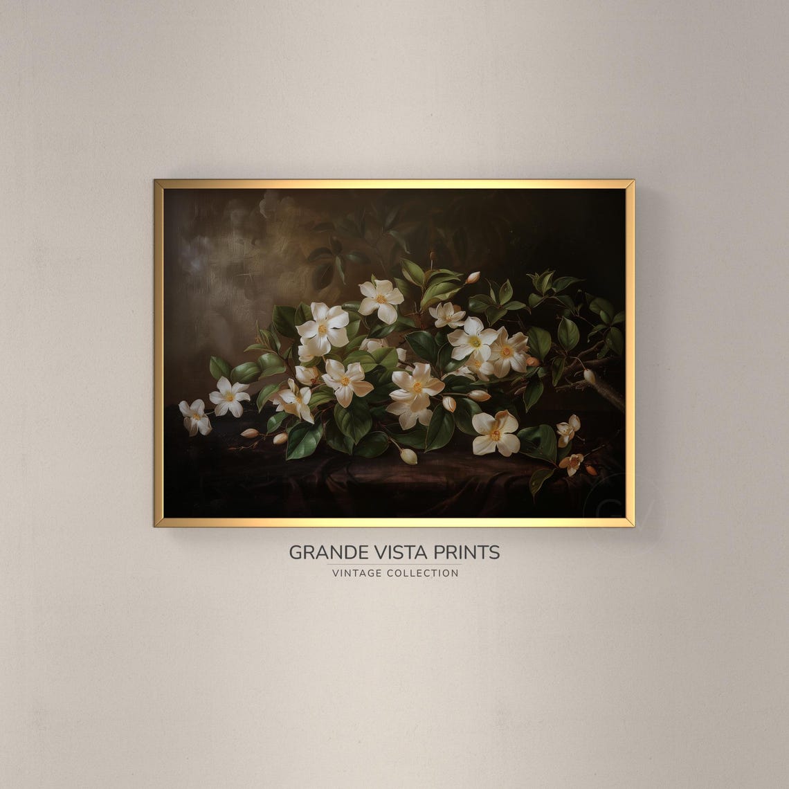 White Blossom Branch Dark Brown Background Floral Still Life Wall Art