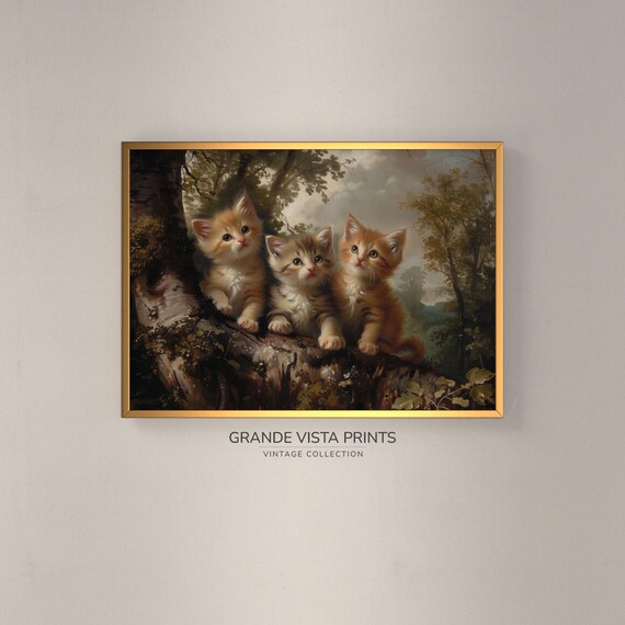 Three Kittens On Tree Branch Vintage Cute Cat Painting Animal Wall Art Poster