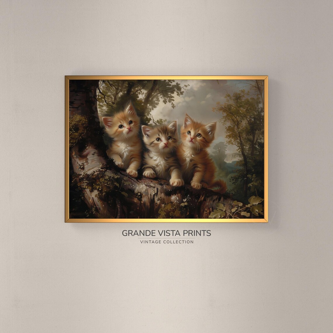 Three Kittens On Tree Branch Vintage Cute Cat Painting Animal Wall Art Poster
