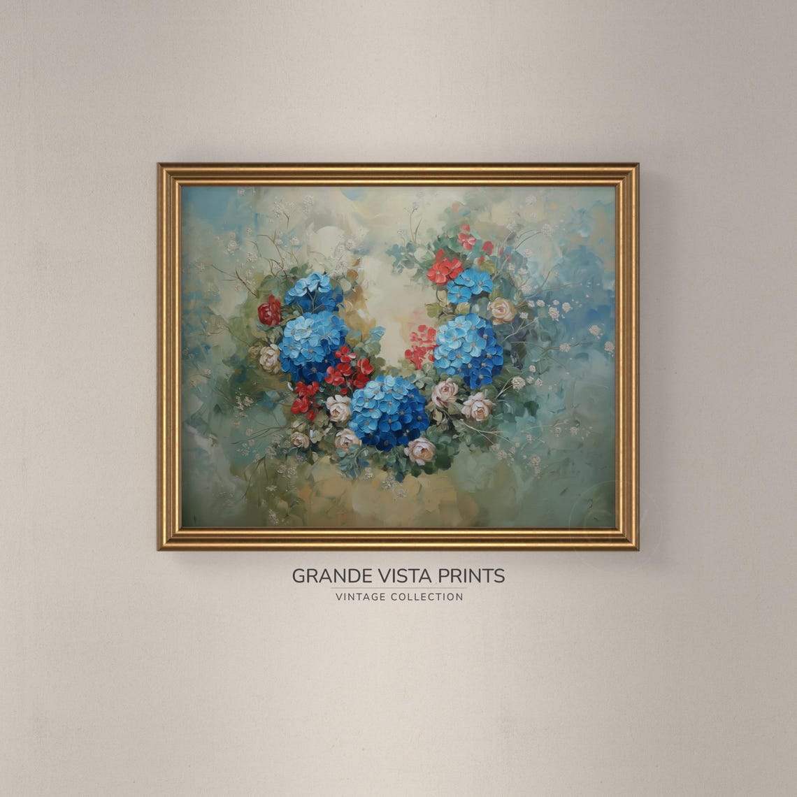 Blue Hydrangea Rose Wreath Vintage Floral Still Life Wall Poster - Image 3