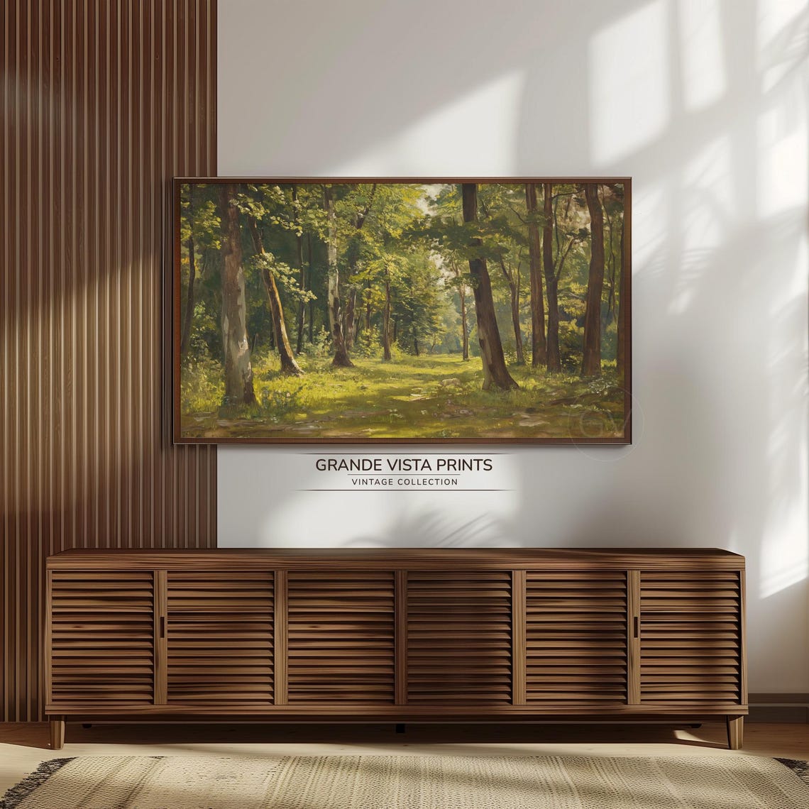 Sunlit Spring Forest Grove Tall Trees Lush Green Clearing Poster - Image 3