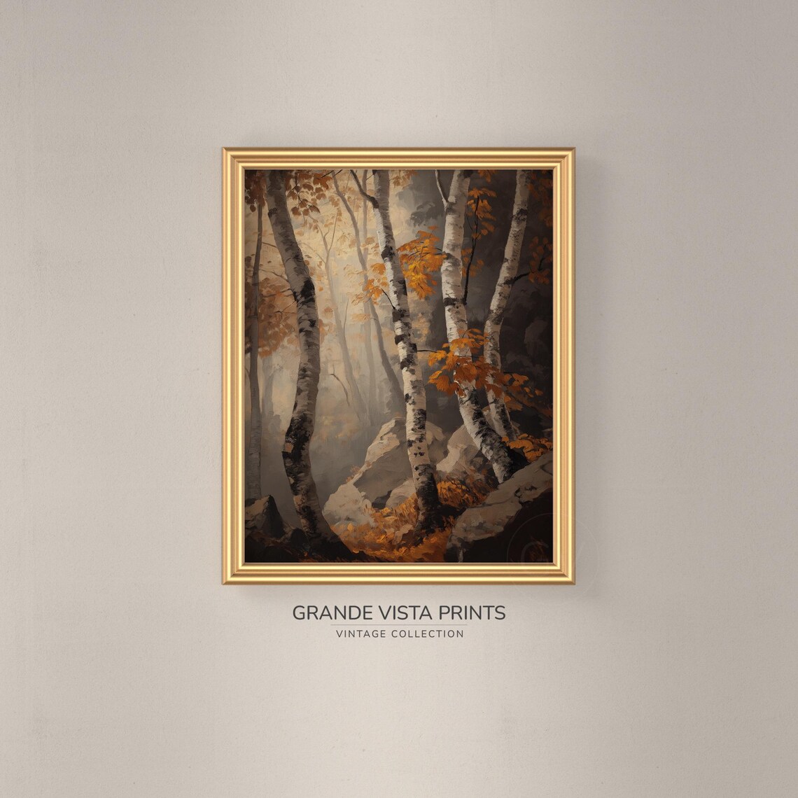 Misty Birch Forest Rocks Warm Light Autumn Vintage Painting Print - Image 3