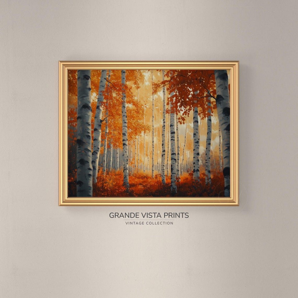 Red Orange Maple Leaves Birch Trunks Sunlit Vintage Forest Art - Image 3