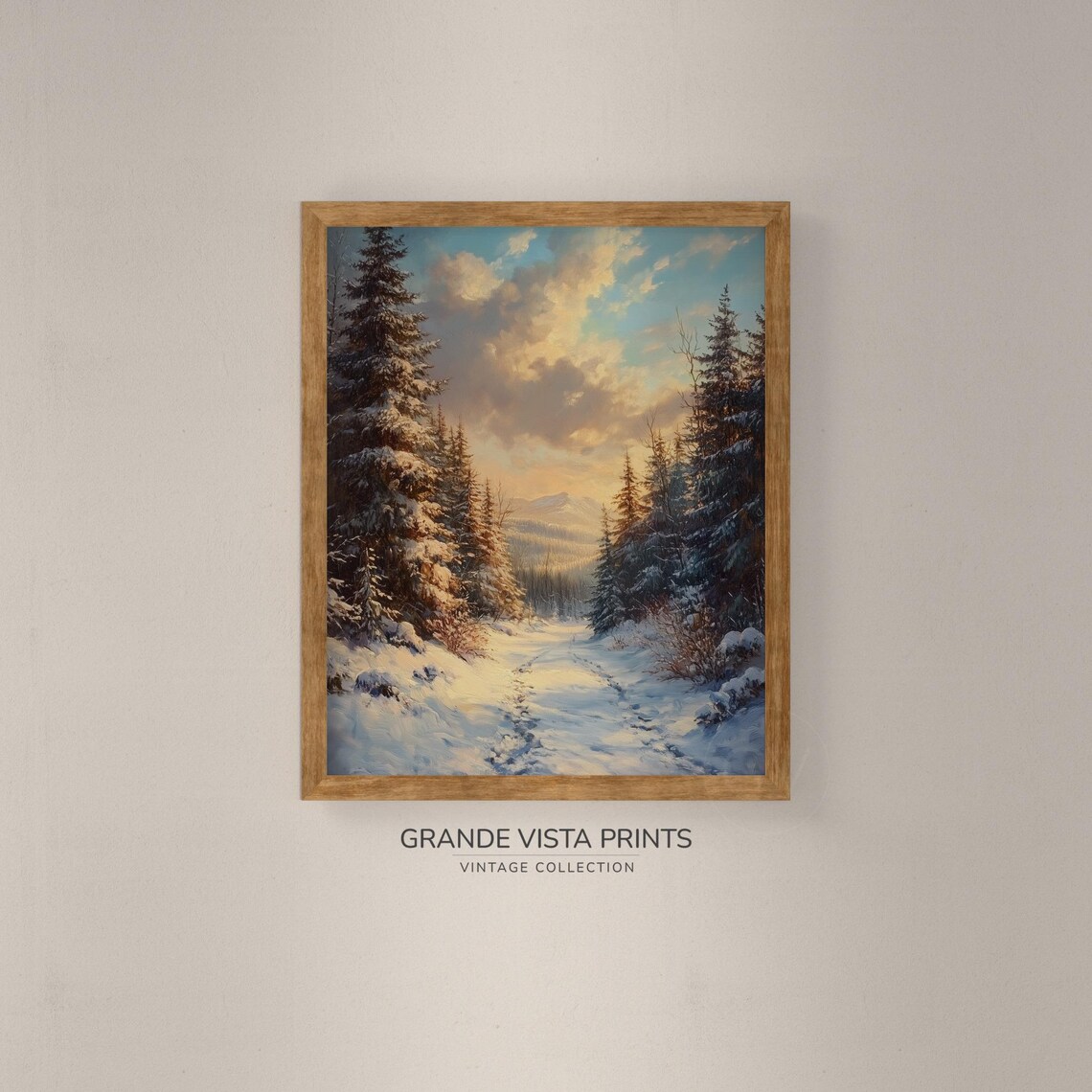 Snowy Forest Trail Golden Sunset Winter Mountain Landscape Poster - Image 4
