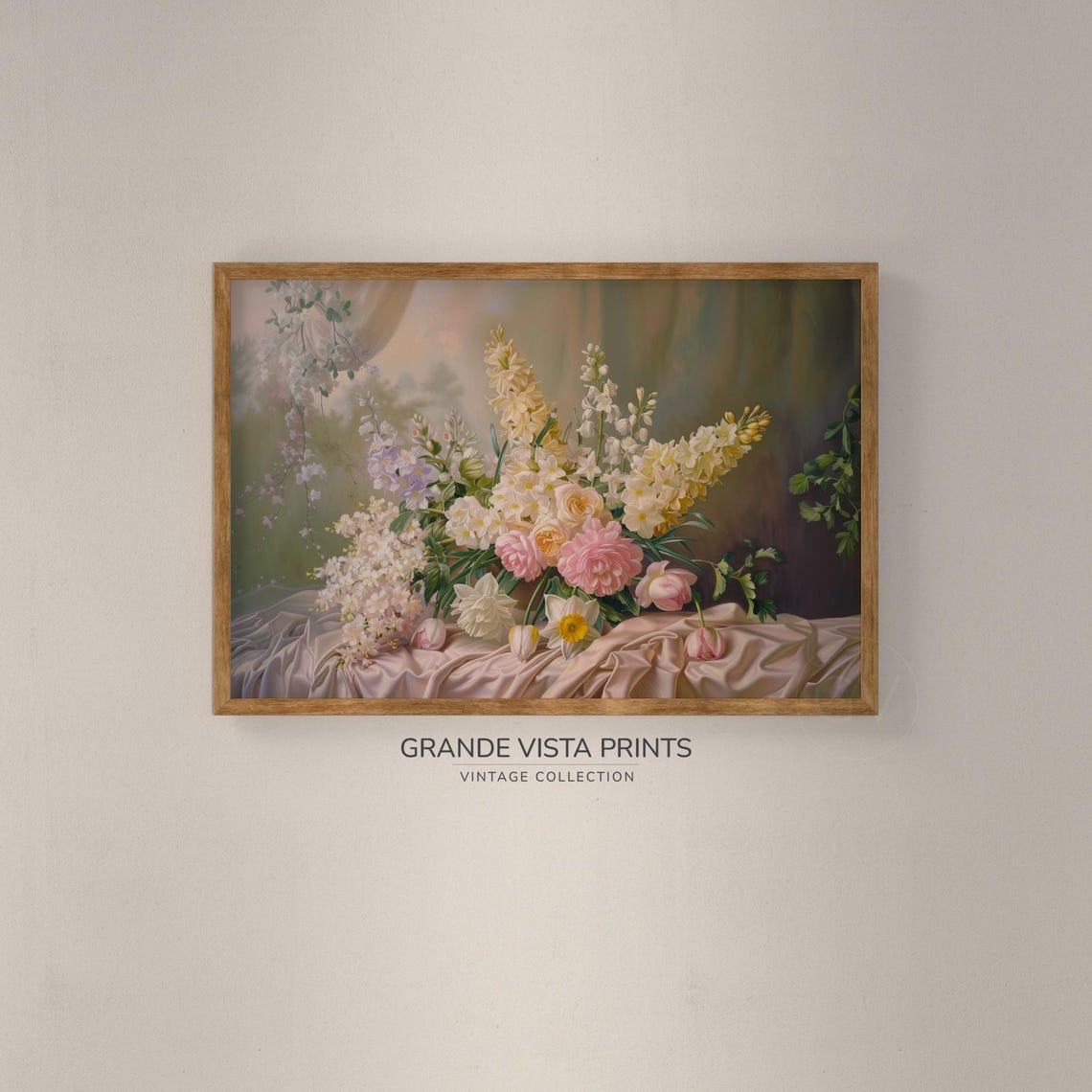 Pastel Peony Delphinium Bouquet on Silk Floral Still Life Art Print - Image 2