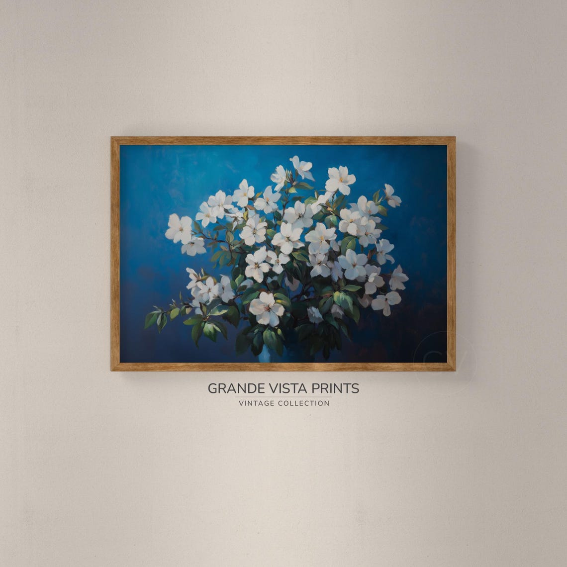 White Blossom Branches Deep Blue Vintage Floral Wall Art Print - Image 2