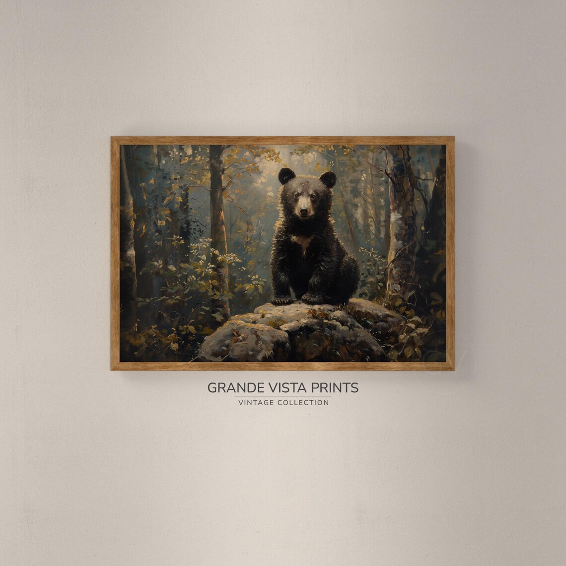 Black Bear Cub Rocky Forest Vintage Wildlife Portrait Wall Poster - Image 2