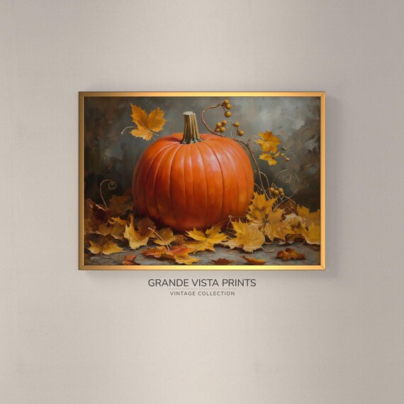 Orange Pumpkin Autumn Leaves Gray Harvest Still Life Painting Poster