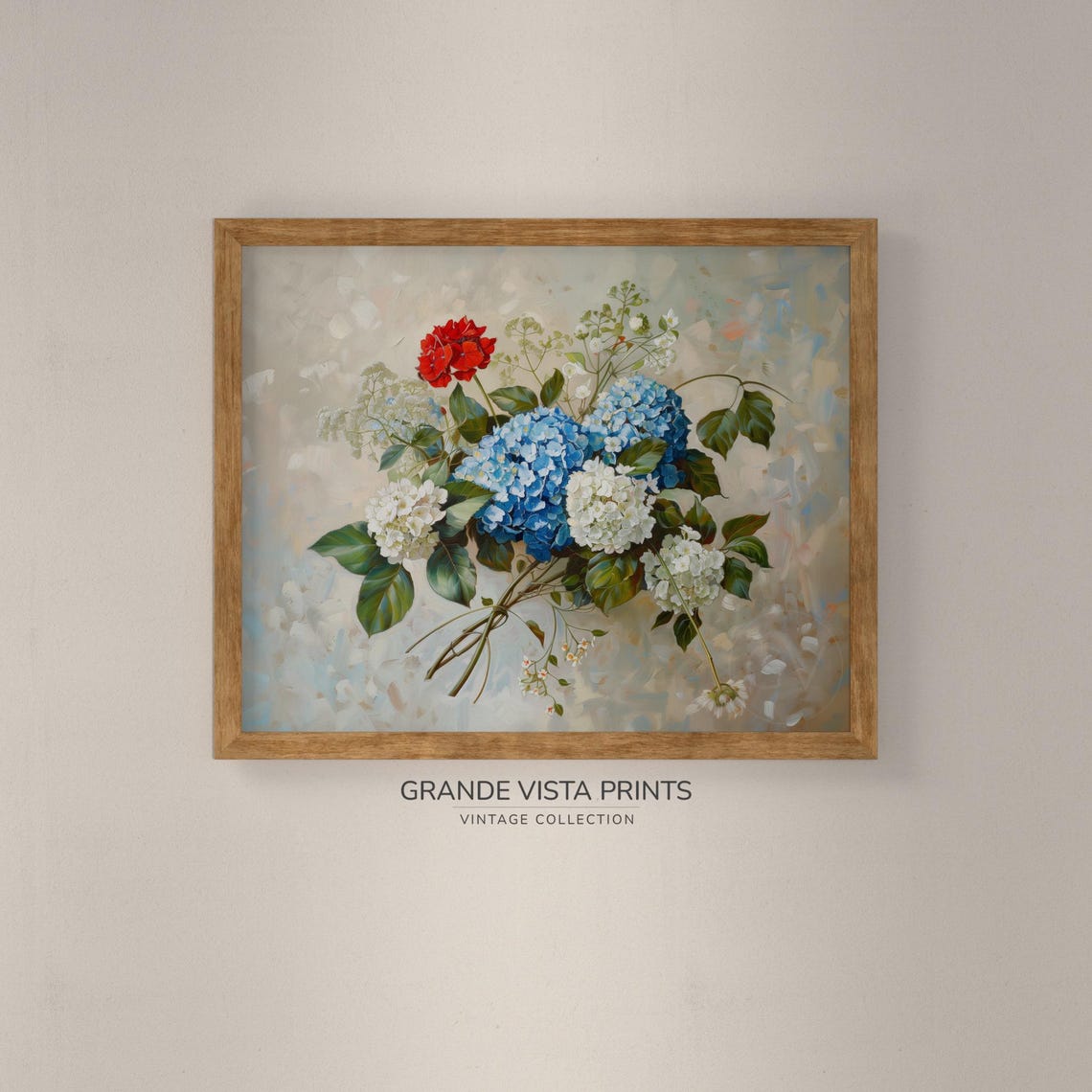 Blue Hydrangea White Blossoms Red Flower Loose Bouquet Floral Poster - Image 4