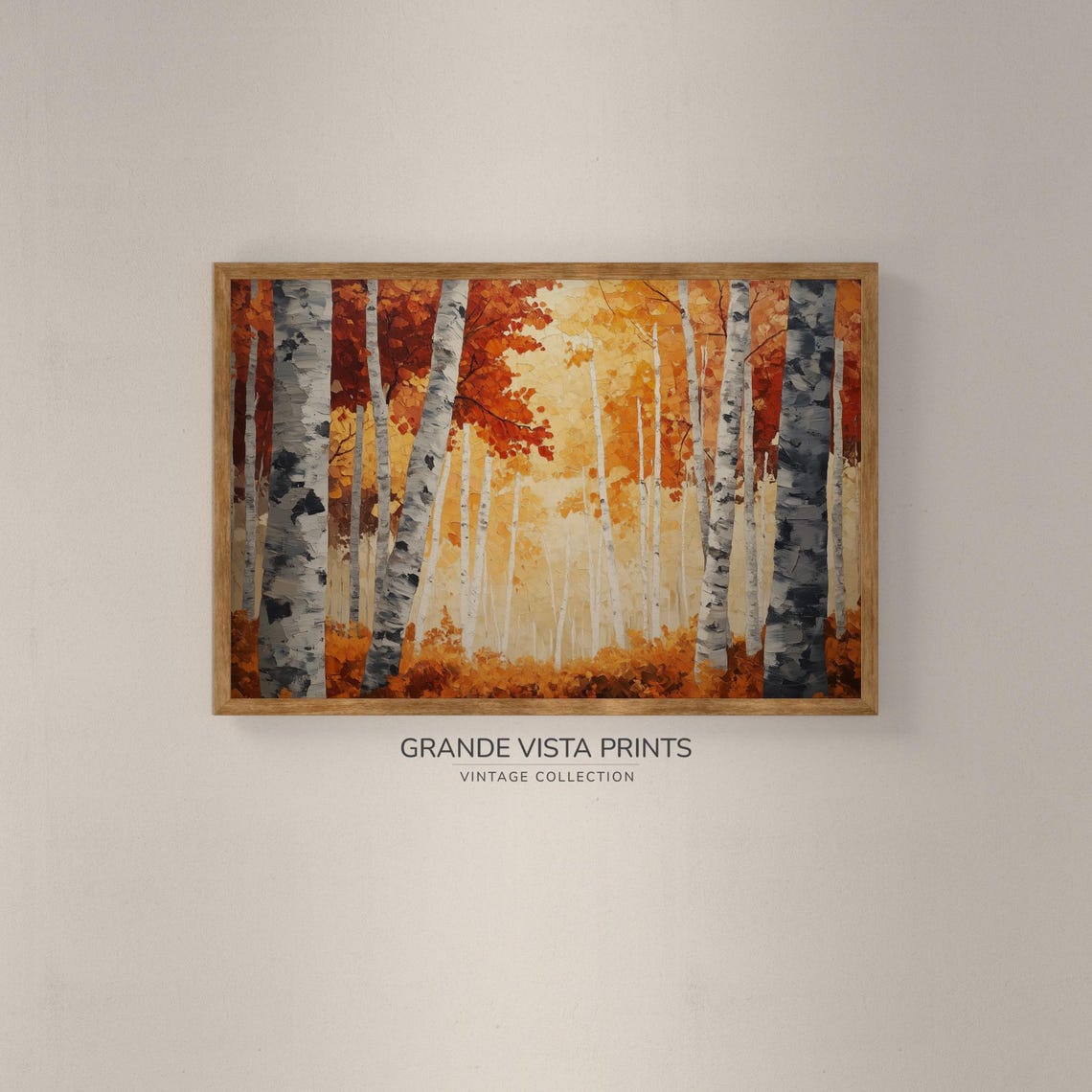 Birch Grove Warm Orange Canopy Autumn Forest Landscape Painting Poster - Image 2