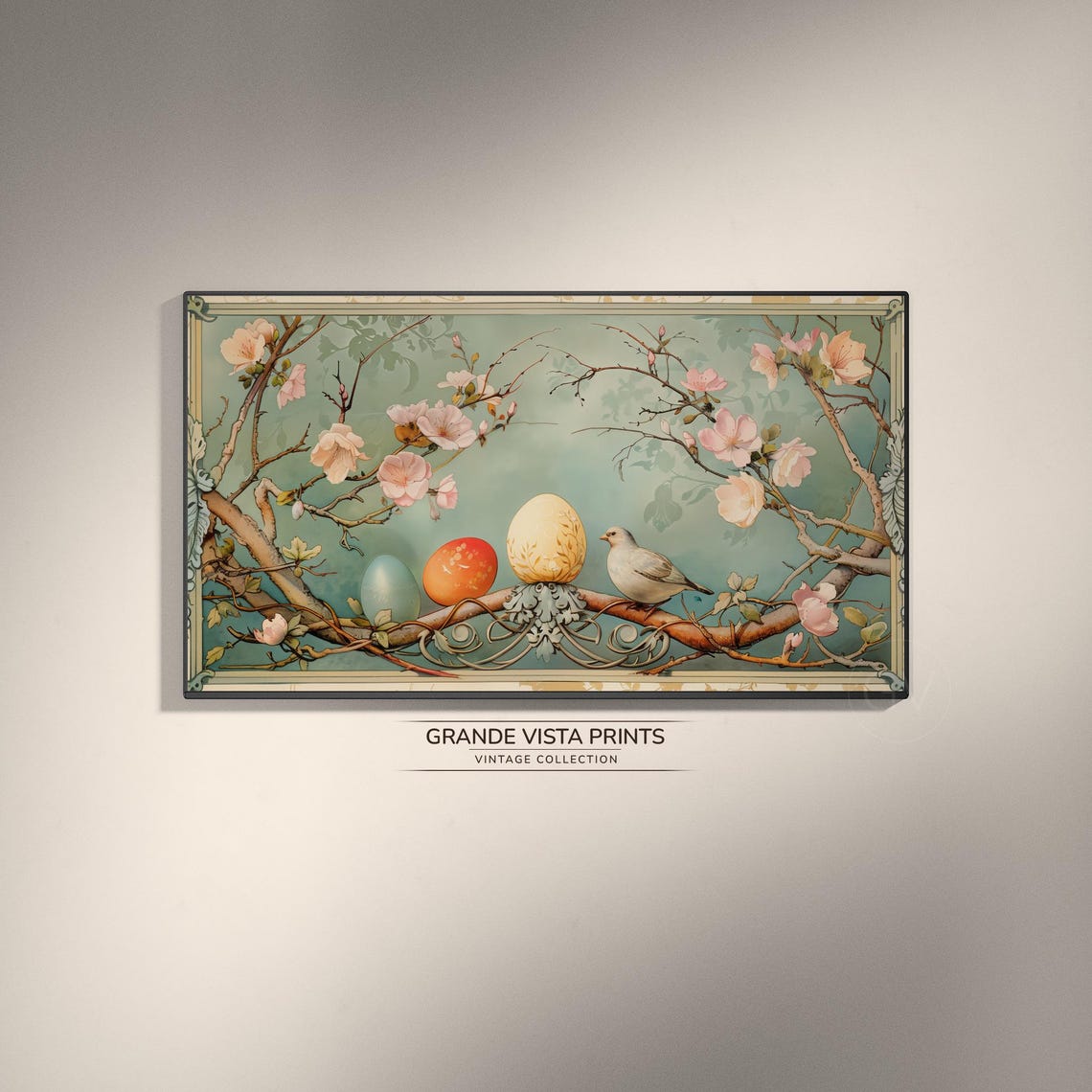 Easter Eggs on Blossom Branch with White Bird Vintage Spring Wall Art