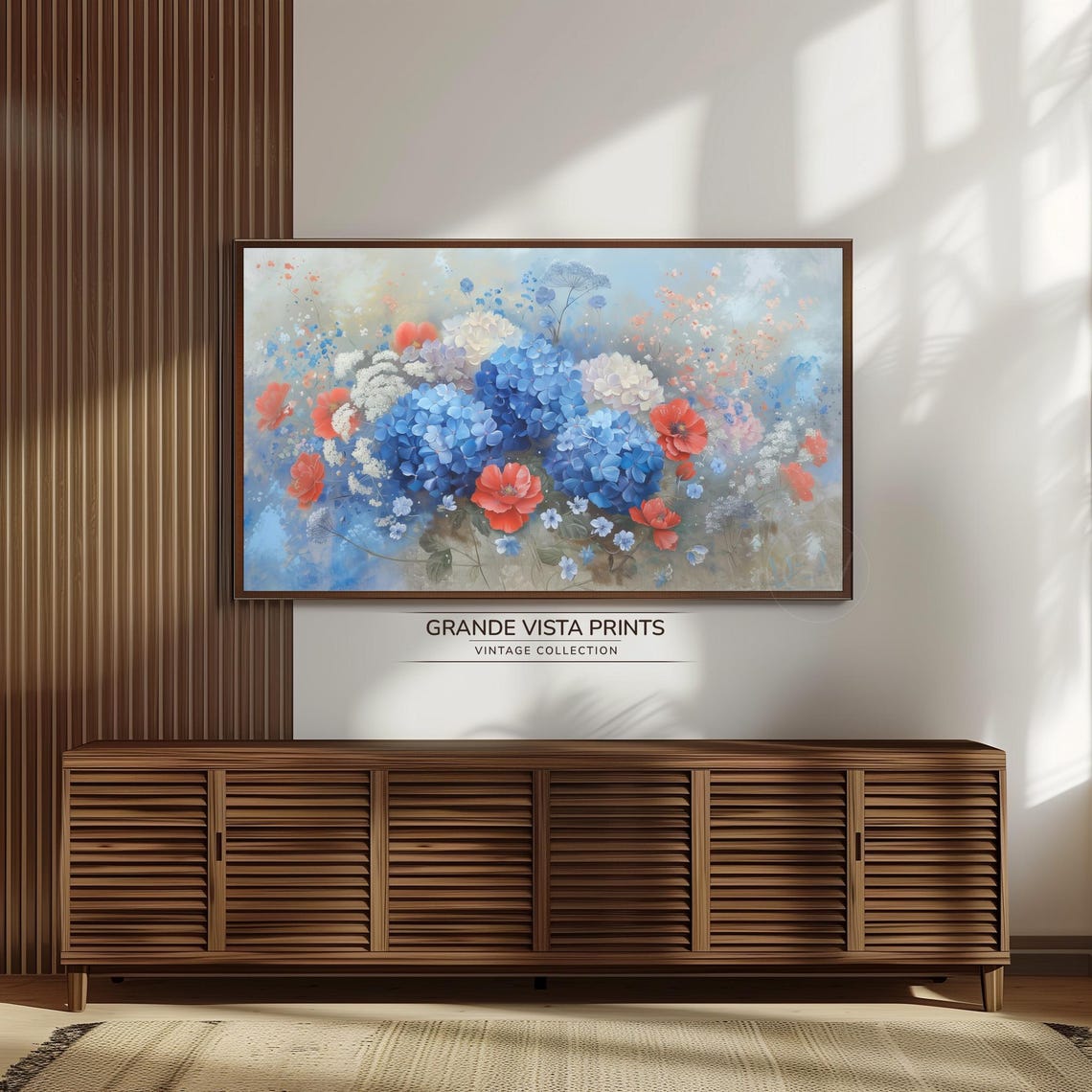 Blue Hydrangea Red Poppy Floral Still Life Patriotic Painting Poster - Image 3