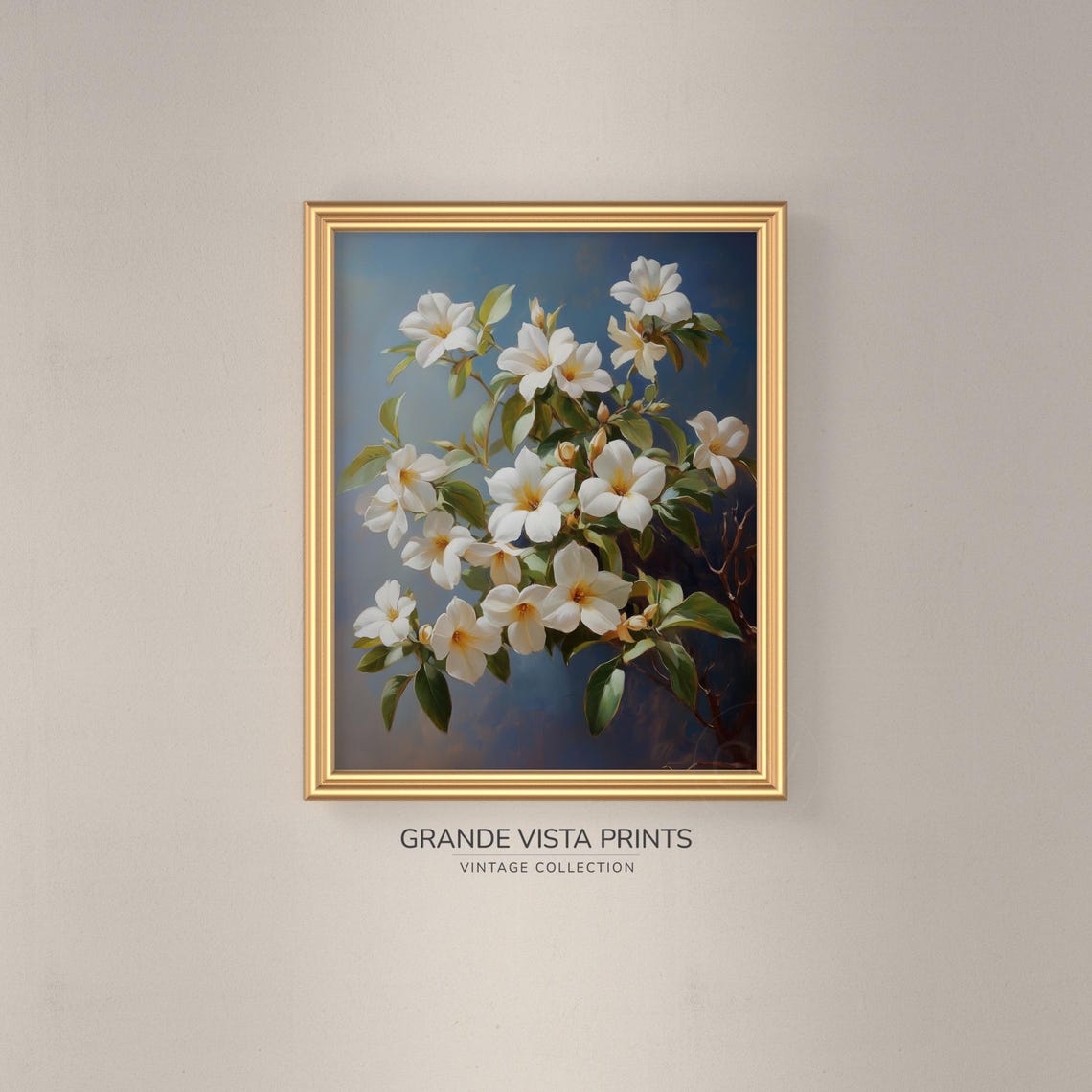 White Jasmine Blossoms Dusty Blue Background Floral Branch Wall Art - Image 3