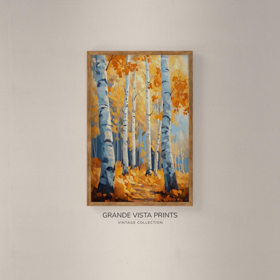 Golden Orange Birch Forest Blue Shadows Painterly Vintage Poster - Image 2