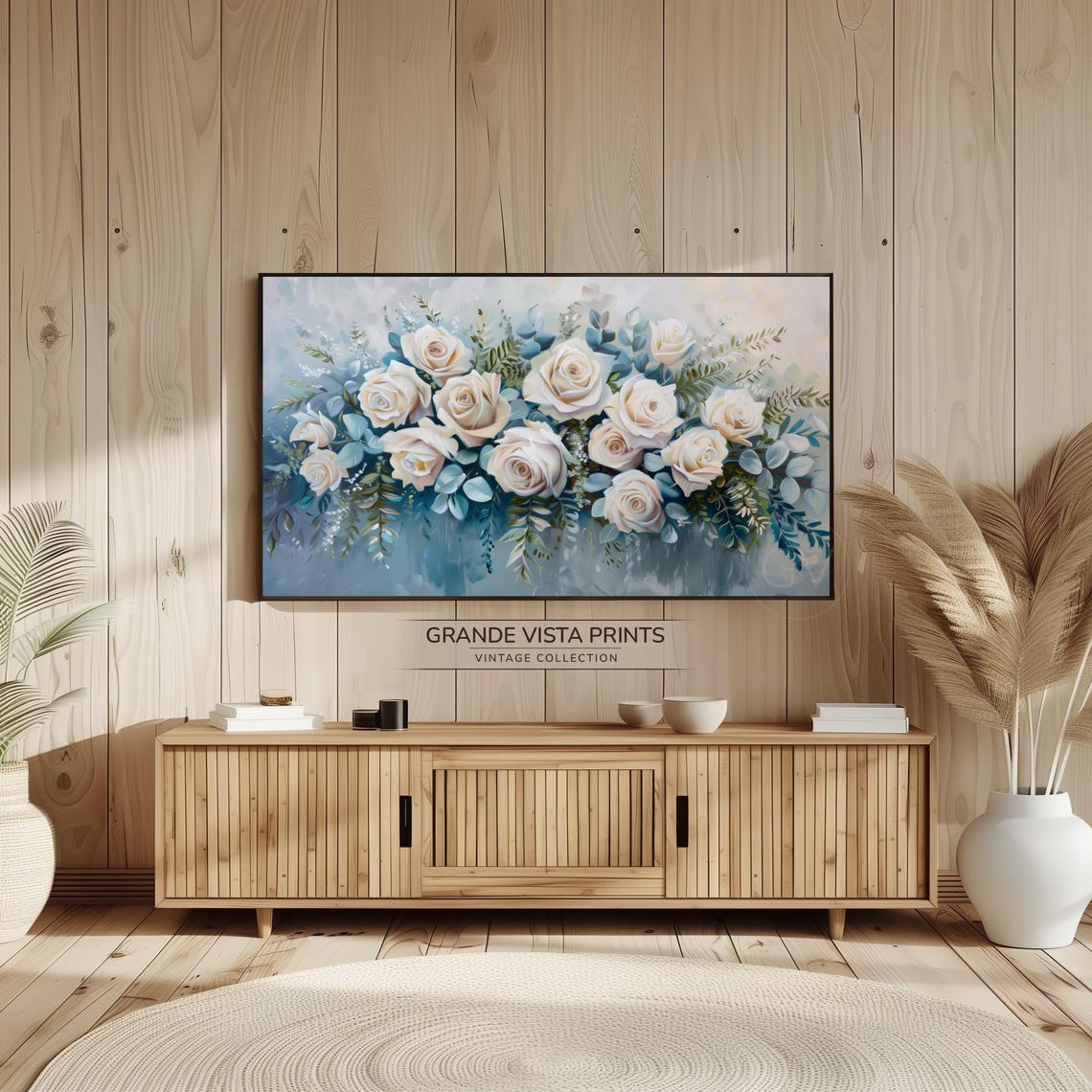 White Rose Bouquet Eucalyptus Blue Grey Elegant Floral Wall Art Poster - Image 2