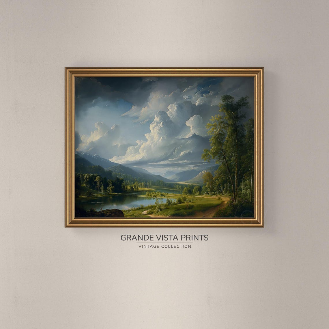 River Valley Lake Dramatic Clouds Green Banks Mountain View Poster - Image 3