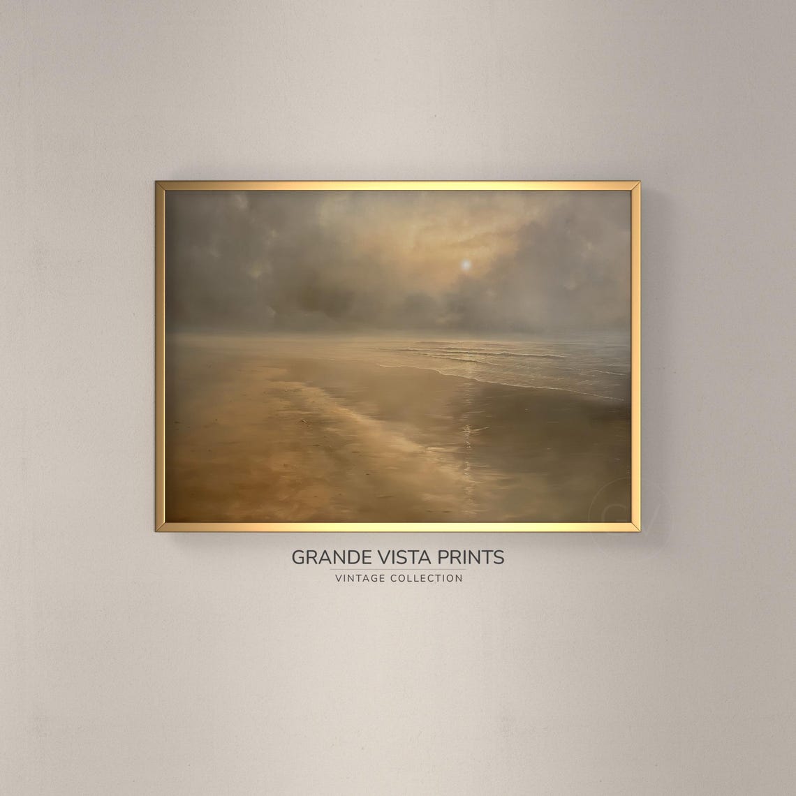 Golden Misty Beach Cloudy Sky Serene Ocean Seascape Vintage Poster