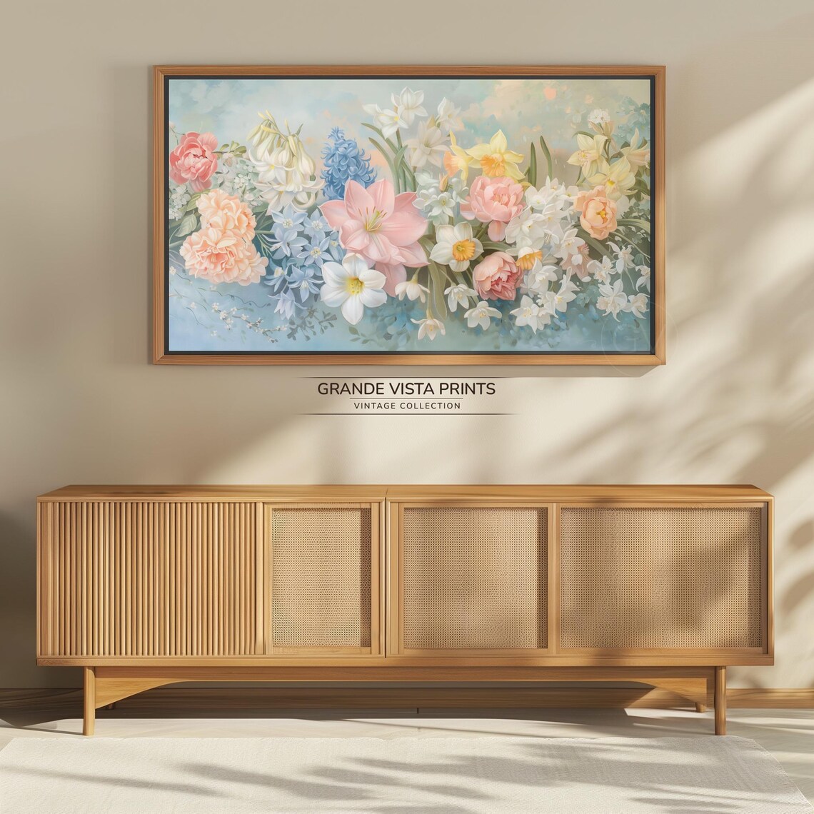 Pastel Spring Bouquet Pink Amaryllis Blue Hyacinth Vintage Art Print - Image 4