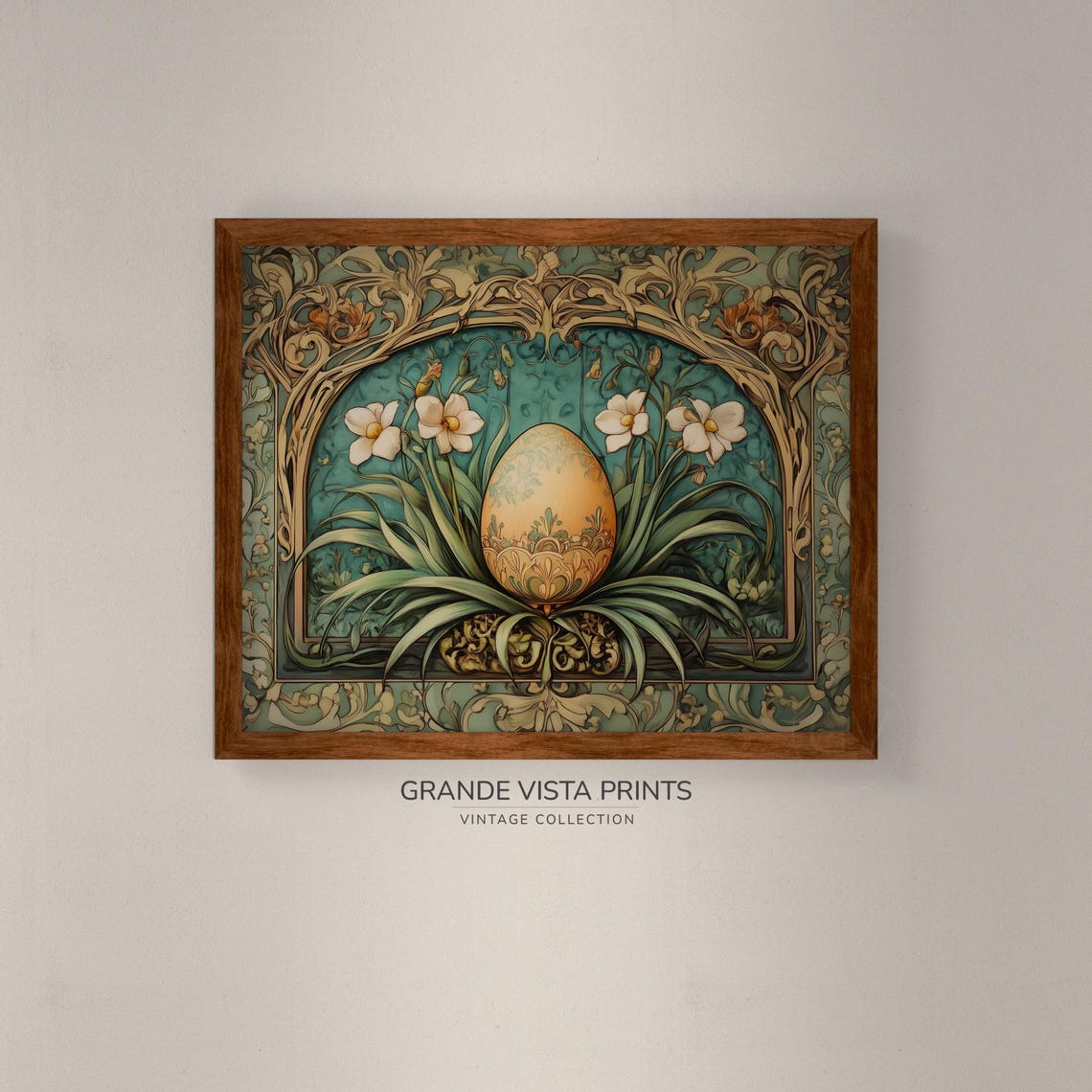 Ornate Easter Egg in Flower Arch Art Nouveau Gold Spring Wall Art - Image 4
