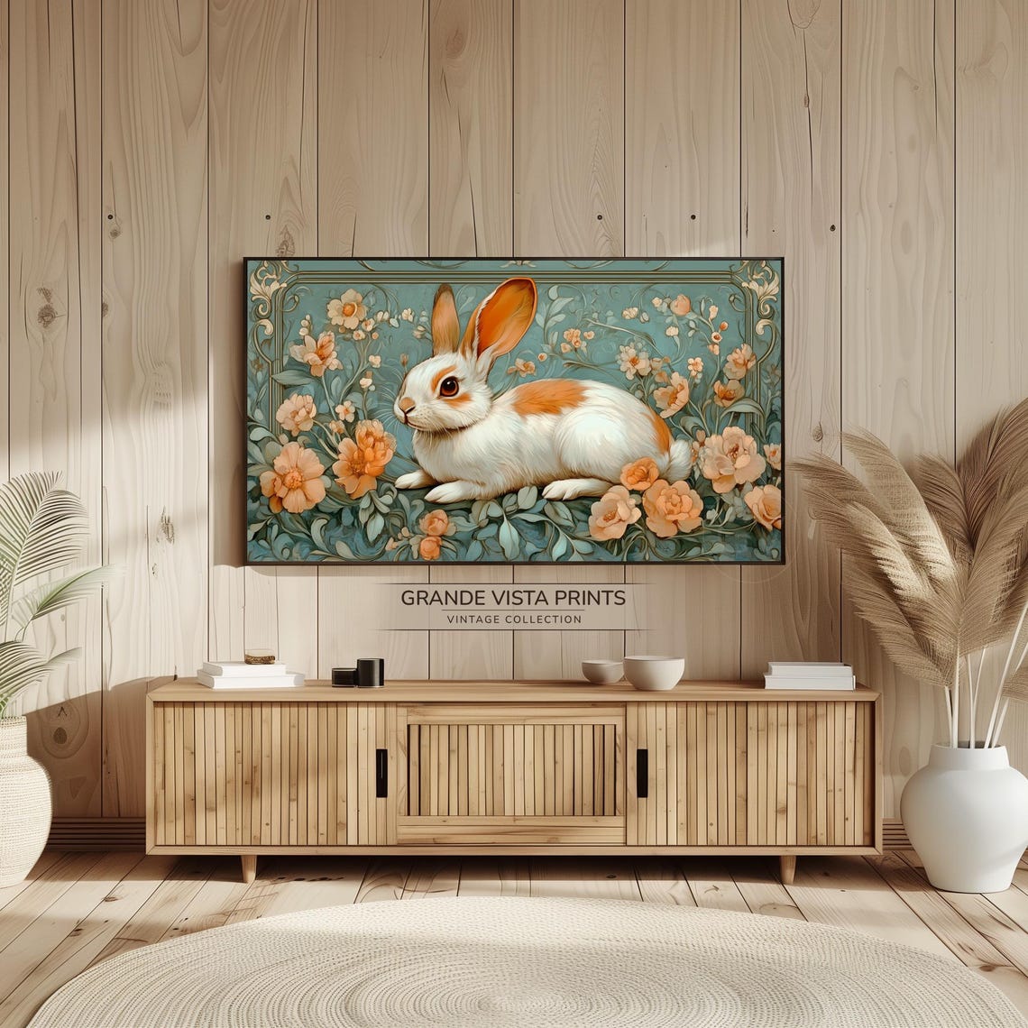 White and Orange Bunny Among Peach Roses Art Nouveau Floral Wall Art - Image 2