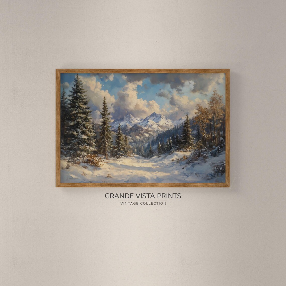 Snowy Mountain Valley Landscape Painting, Winter Wall Art - Image 2