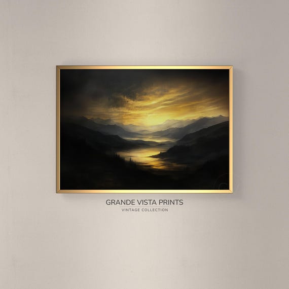 Dark Mountain Valley Landscape Wall Art Dark River Landscape Painting Gv4562