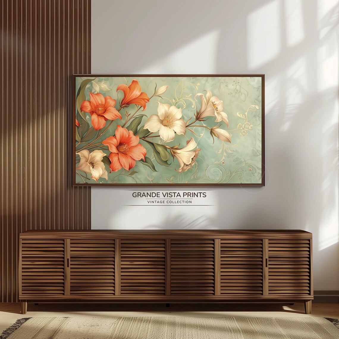 Coral Cream Trumpet Lilies on Sage Green Nouveau Floral Wall Art Print - Image 3