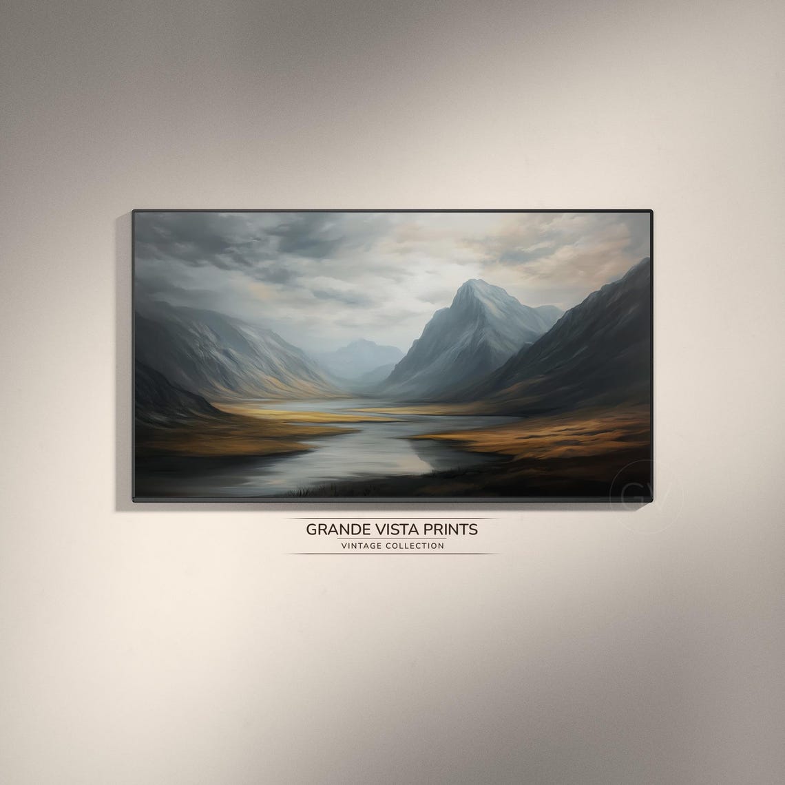 Misty Mountain River Valley Calm Water Soft Light Vintage Poster