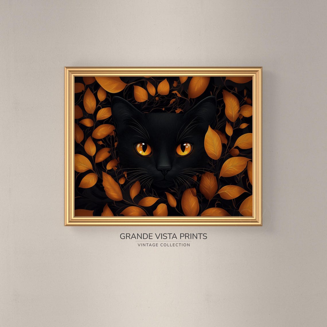 Black Cat With Golden Eyes Peeking Through Autumn Leaves Wall Poster - Image 3