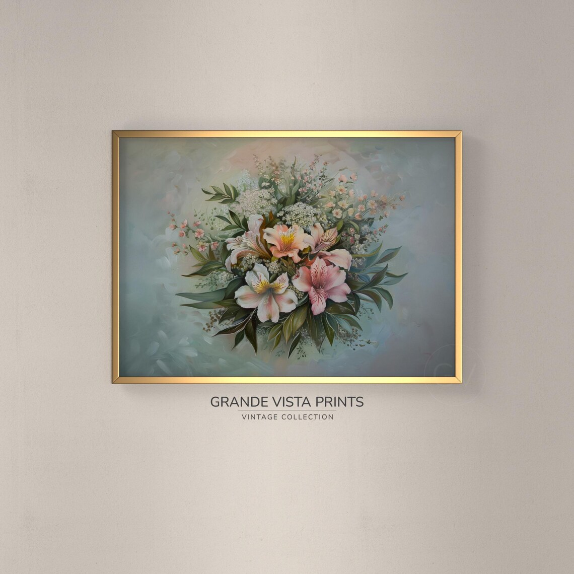 Pink Alstroemeria Bouquet Vintage Floral Still Life Wall Art Print