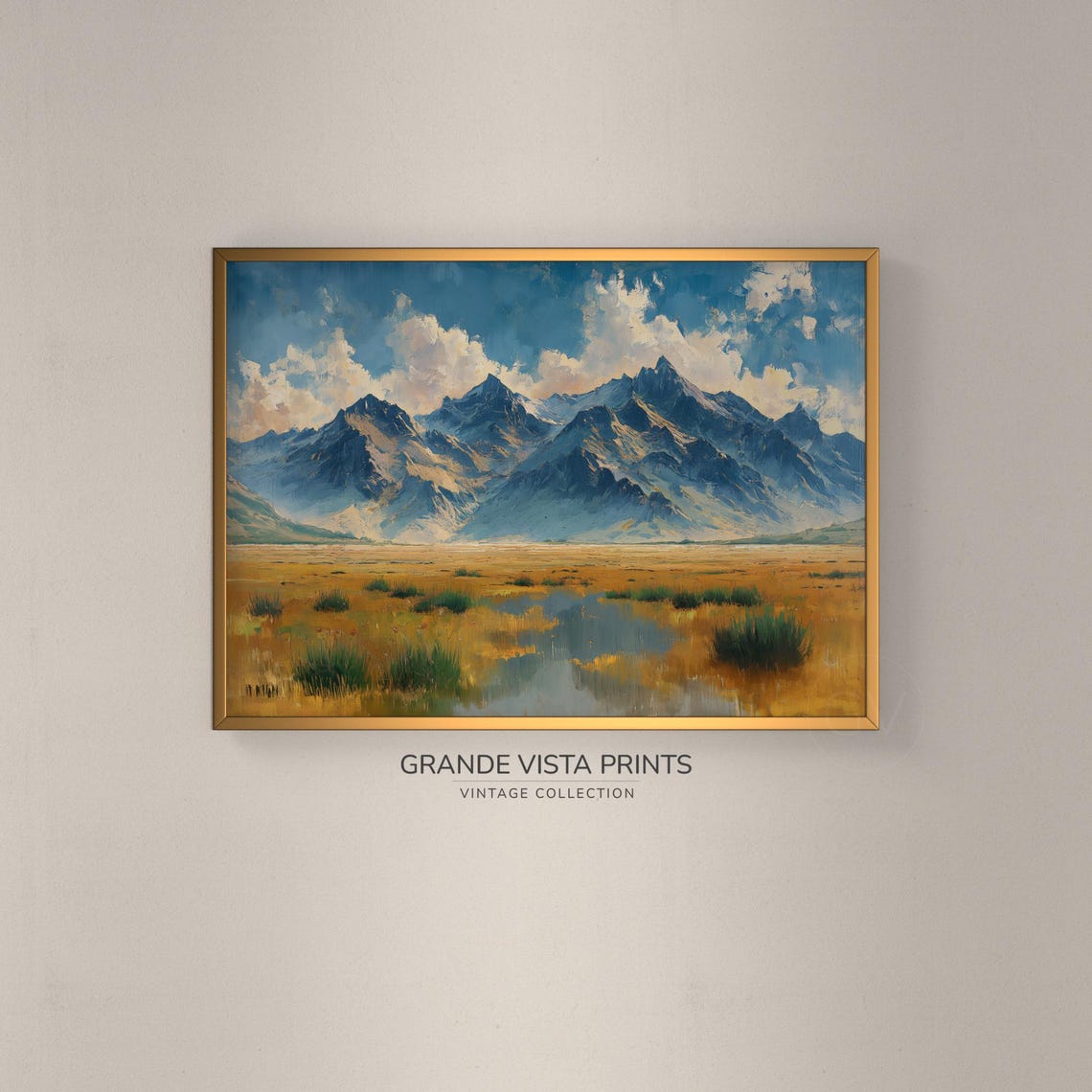 Golden Steppe Marsh Plain Water Reflection Snow Mountain Poster