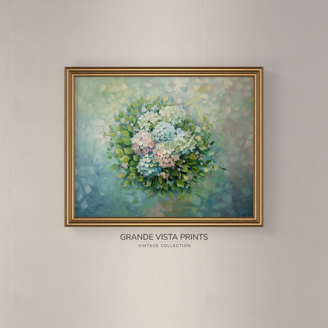 Soft White Blush Hydrangea Circle Bouquet Mint Impressionist Wall Art - Image 3