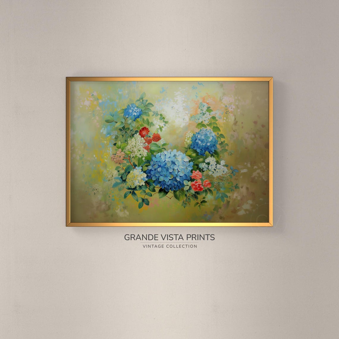 Blue Hydrangea Blossoms Spring Garden Vintage Floral Art Poster