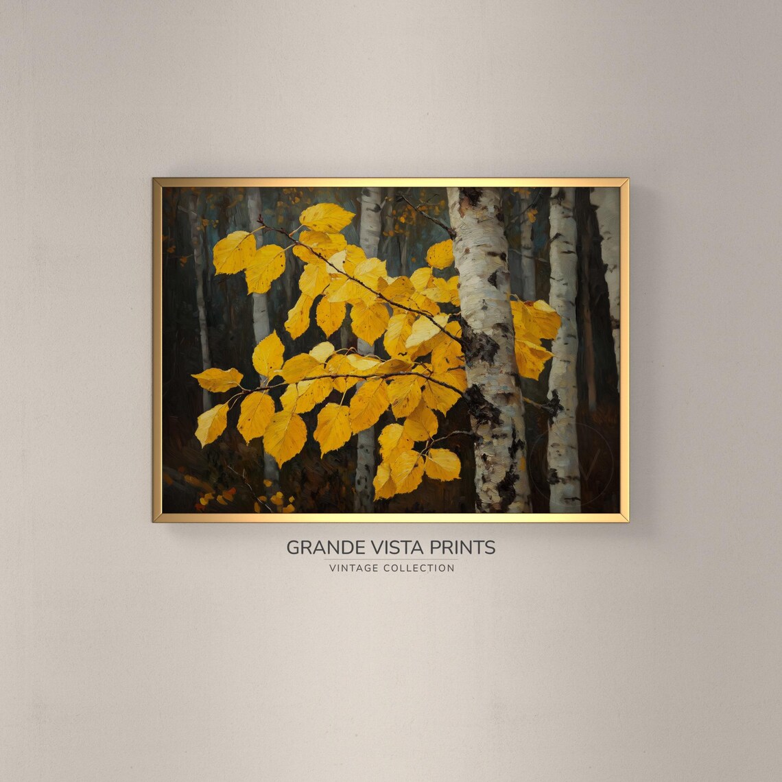 Golden Aspen Leaves Birch Trunk Close Up Fall Foliage Painting Poster