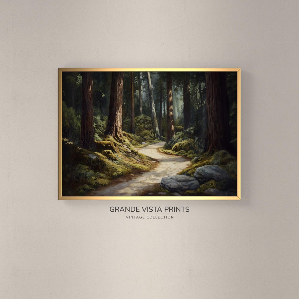 Sunlit Redwood Forest Path Mossy Boulders Towering Trees Poster