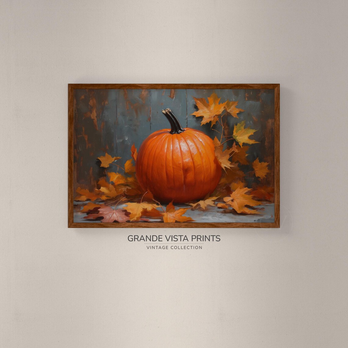 Orange Pumpkin Red Maple Leaves Dark Harvest Still Life Painting Poster - Image 2