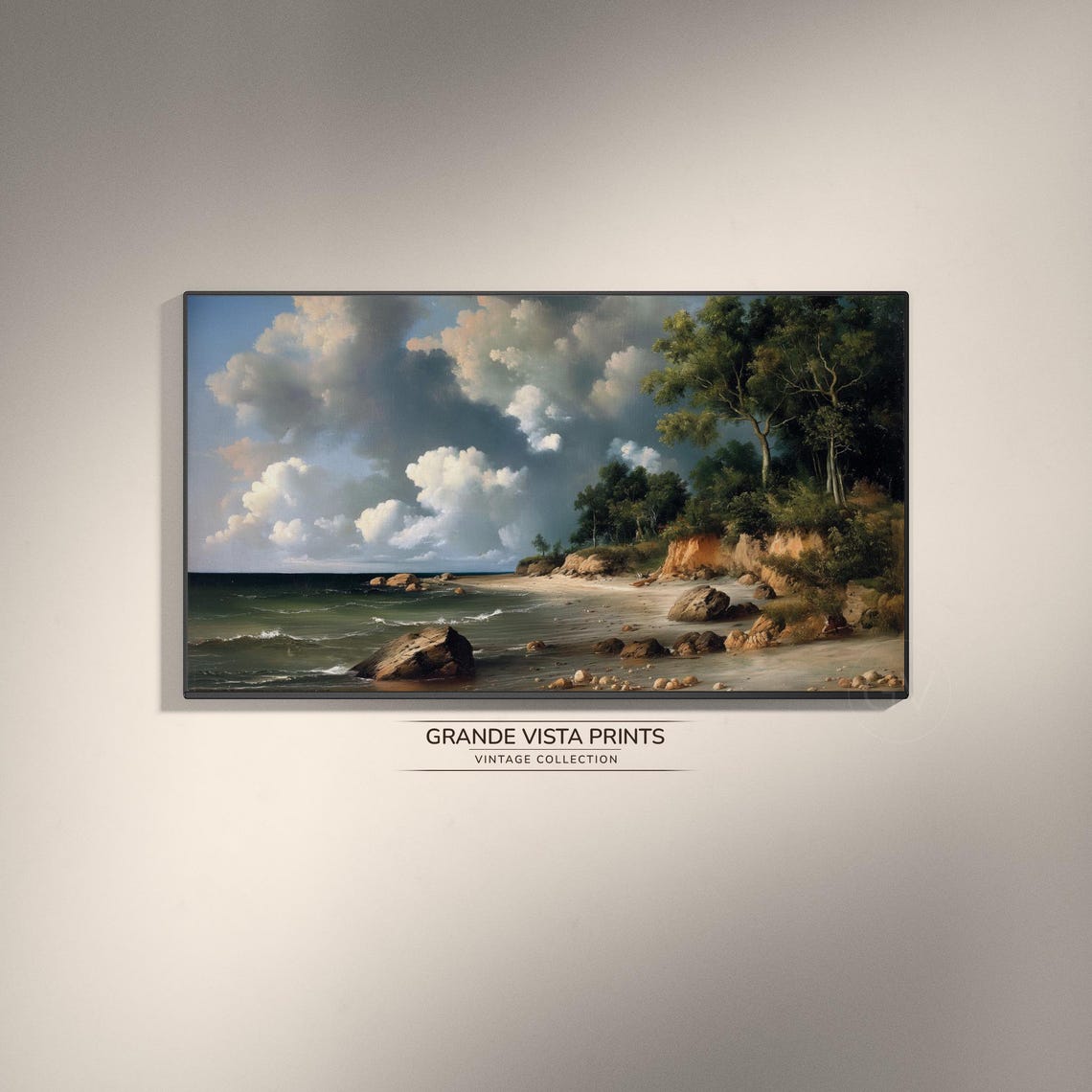 Rocky Forest Shoreline Dramatic Clouds Over Ocean Cliff Poster