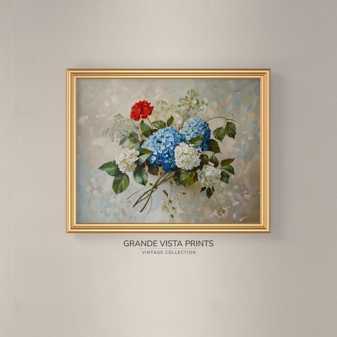Blue Hydrangea White Blossoms Red Flower Loose Bouquet Floral Poster - Image 3