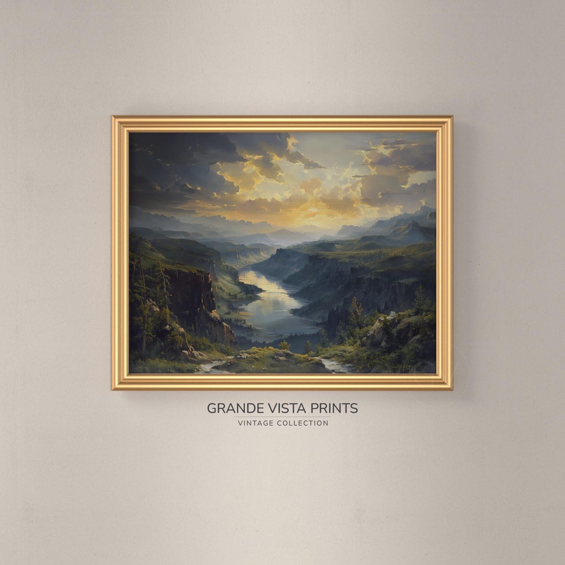 Dramatic Canyon River Gorge Sunrise Golden Clouds Vintage Poster - Image 3