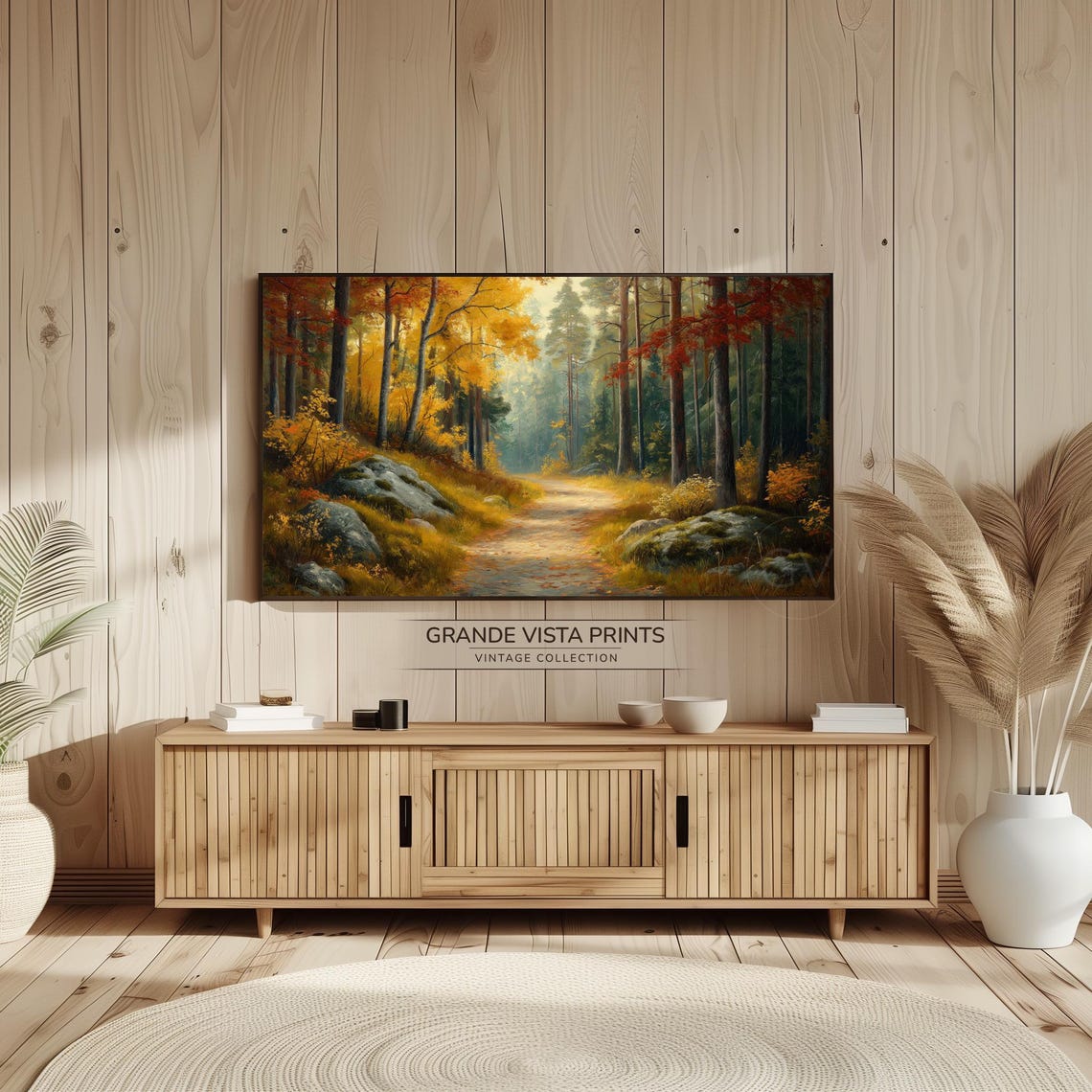Sunlit Autumn Forest Trail Tall Trees Golden Light Misty Woods Poster - Image 2