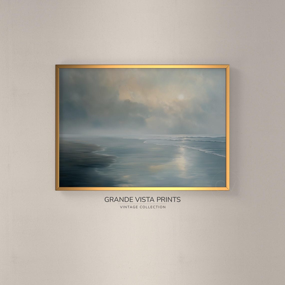 Misty Ocean Beach Soft Waves Cloudy Sky Gentle Glow Seascape Poster